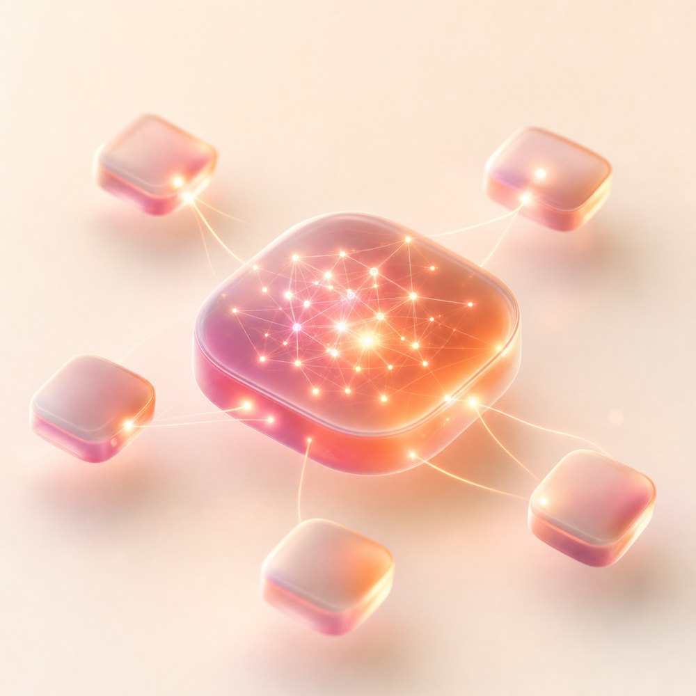Frosted-glass neural core with satellite tiles representing GRIFFAIN AI systems
