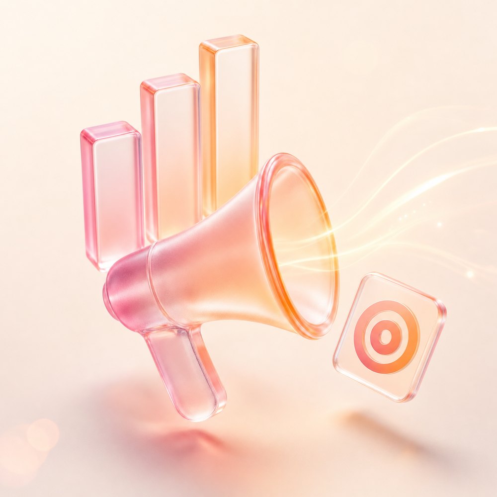 Frosted-glass megaphone and chart representing GRIFFAIN marketing