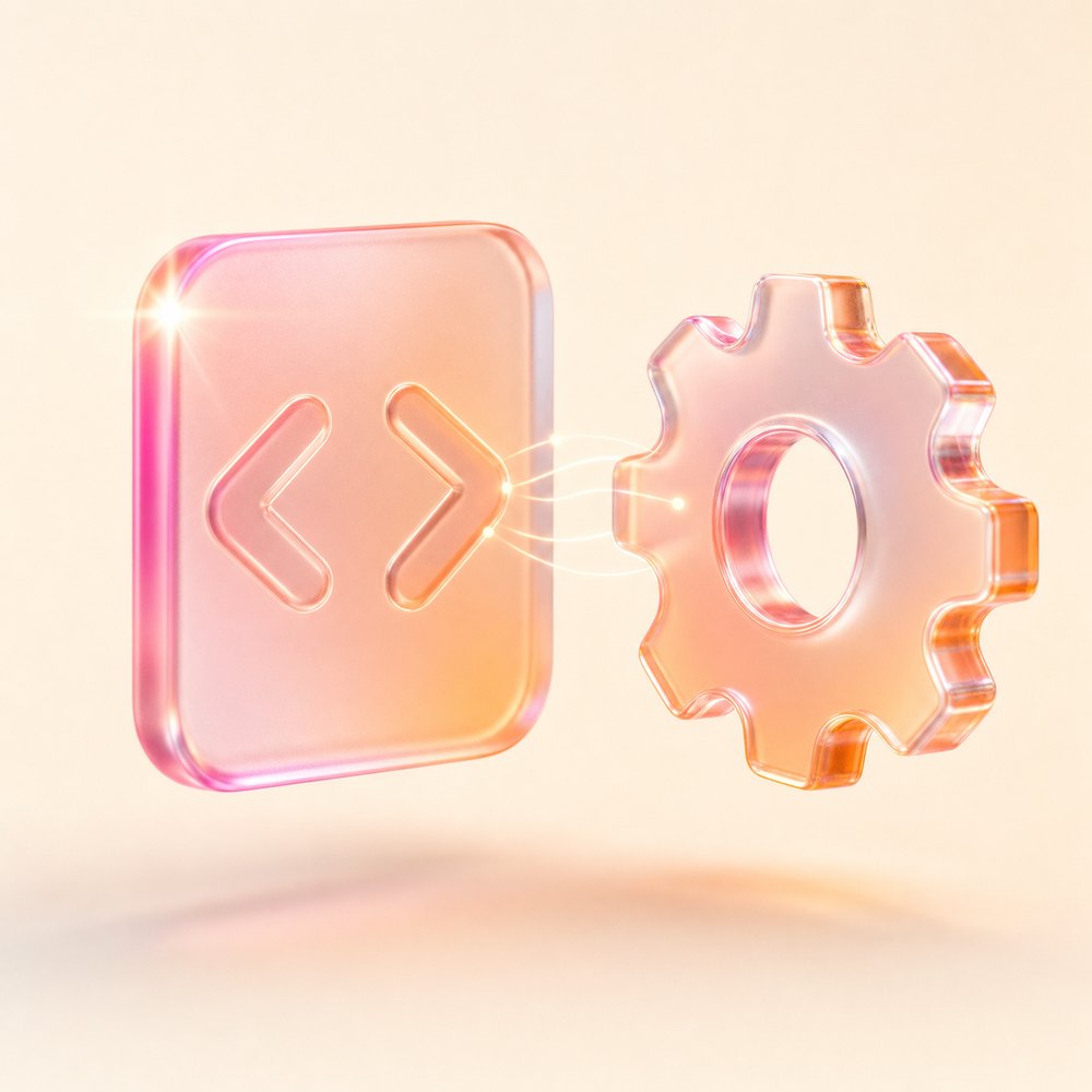 Frosted-glass code-bracket tile and gear representing GRIFFAIN custom software