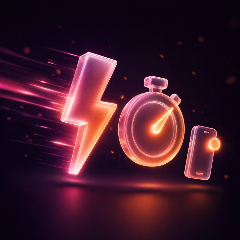 Frosted-glass lightning bolt and stopwatch representing GRIFFAIN speed to lead